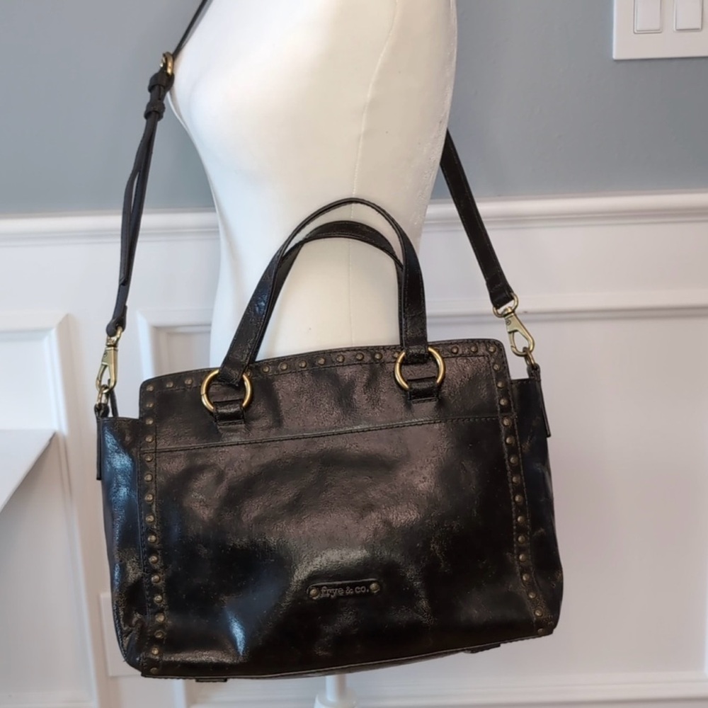 Frye & Co Victoria Studded Crossbody Shoulder Bag Distressed Black Leather